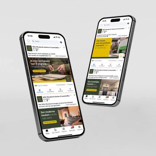 Willis Woodwork LinkedIn-campagnes op twee smartphones.