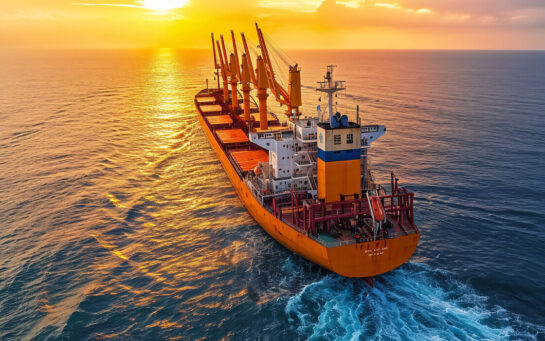 Groot vrachtschip vaart over de oceaan bij zonsondergang.