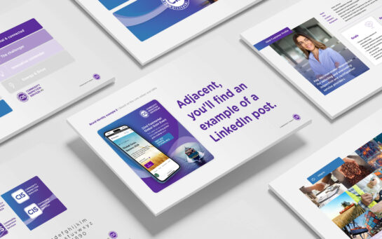 Merkidentiteitsdocumenten van CIS met branding, kleuren en een LinkedIn-post voorbeeld.